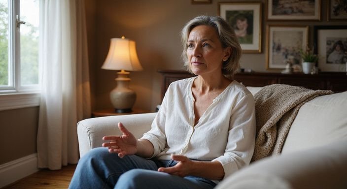 Een vrouw in de veertig, ontspannen op een comfortabele bank.