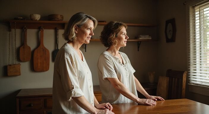 Twee vrouwen verkennen een intieme ruimte vol BDSM-materialen.