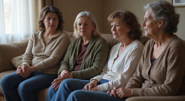 Een groep vrouwen heeft een intieme discussie in een huiskamer.