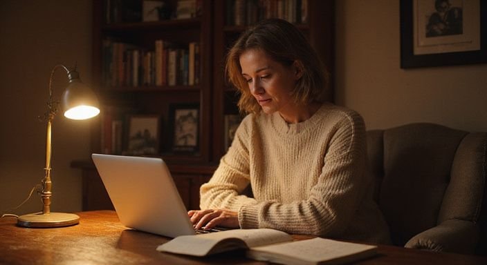 Een middelbare vrouw zoekt op haar laptop naar BDSM sexcontact met oudere vrouwen