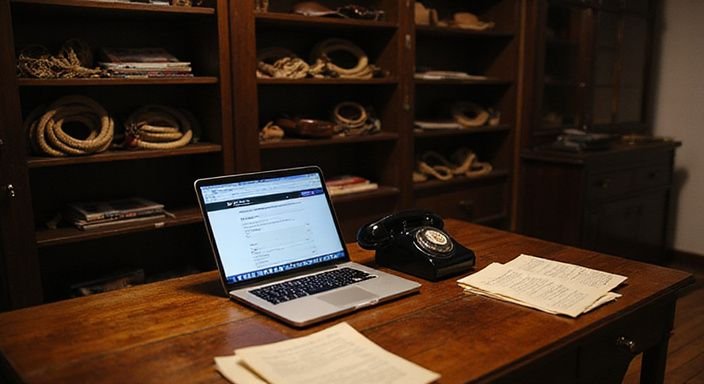 Een persoon werkt aan een vintage bureau met BDSM-interesses.