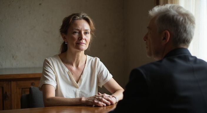 Een vrouw in gesprek over BDSM sexcontact met oudere vrouwen met een partner, beiden attent en open.
