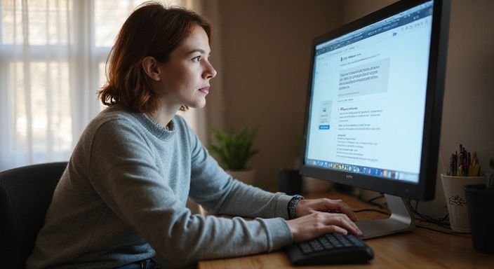 Een vrouw in haar veertig, geconcentreerd aan een computerdesk.
