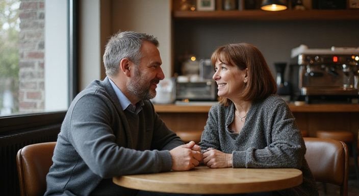 Een man en vrouw genieten van een intieme conversatie over rijpe vrouwen sexcontact Den Haag in een café.