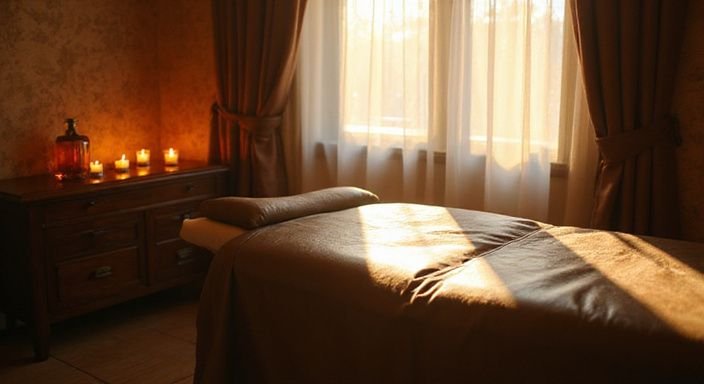 Een sfeervolle massageruimte met een leer massage tafel en kaarsen.