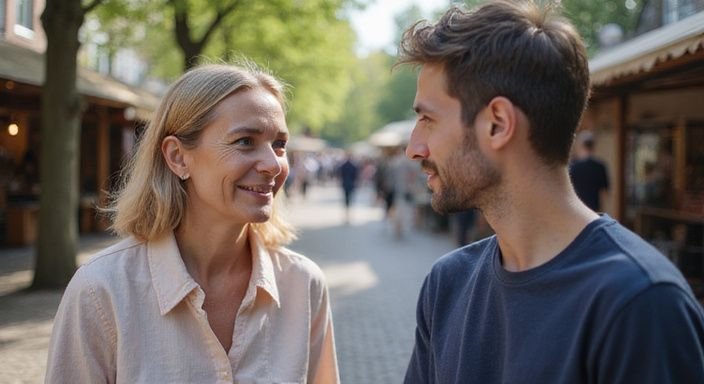 Een vrouw en een jongeman in gesprek over rijpe vrouwen sexcontact Den Haag op een buiten evenement.