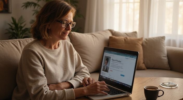 Een vrouw werkt ontspannen aan haar laptop op de bank.