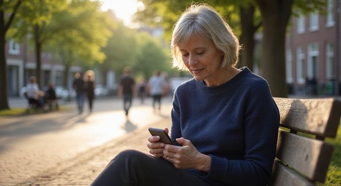 Een vrouw in een park gebruikt geconcentreerd haar smartphone.