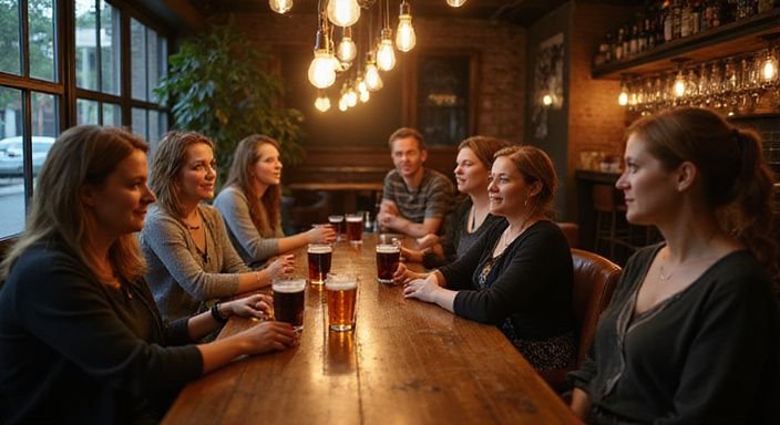 Een gezellige bar met vrouwen die ontspannen gesprekken over rijpe vrouwen sexcontact Den Haag voeren.