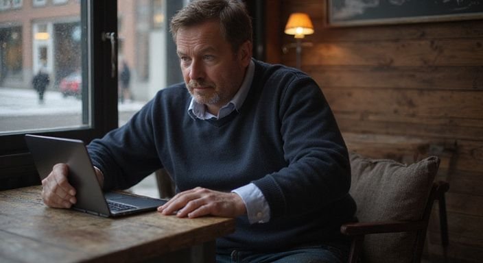 Een man werkt geconcentreerd aan zijn laptop in een café.