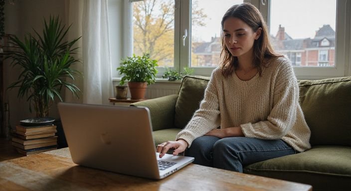 Een vrouw in een comfortabele woonkamer werkt zorgvuldig aan haar laptop.