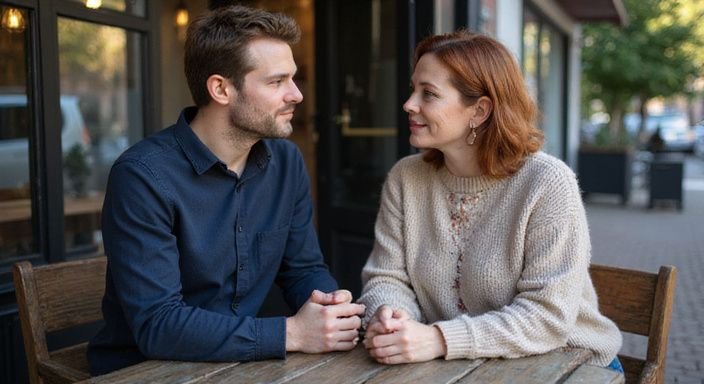Een man en vrouw zitten intiem aan een tafeltje in een café.