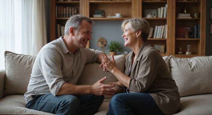 Een intiem gesprek tussen een middel ouder echtpaar op de bank.