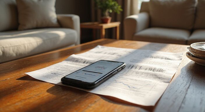 Een smartphone op een tafel toont een datingapp-interface tussen papieren.