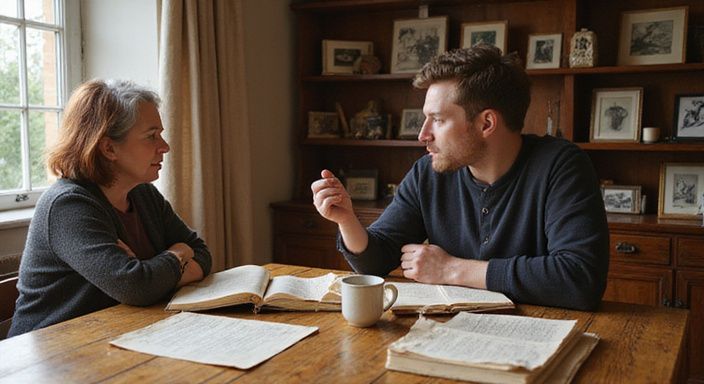 Twee mensen delen een intiem gesprek aan een versleten houten tafel.