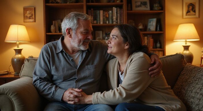 Een man en vrouw delen een intieme, ongekunstelde conversatie op een bank.