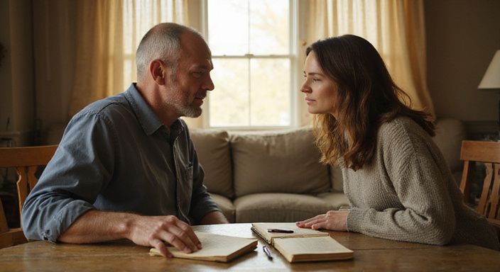 Man en vrouw bespreken relatieboeken aan een houten tafel.