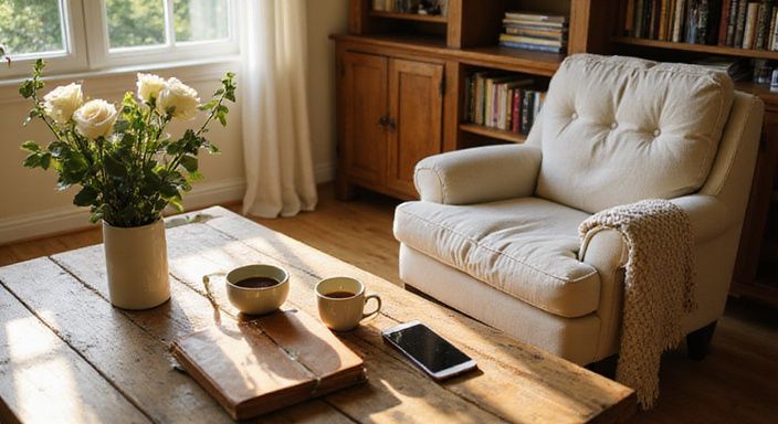Een gezellige woonkamer met een open journal en verse bloemen.