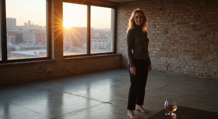 Vrouw in minimalistische loft, genietend van een moment van stilte.