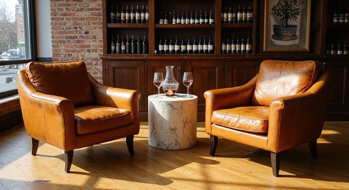 Een elegante wijnbar met cognac leren fauteuils en marmeren tafel.