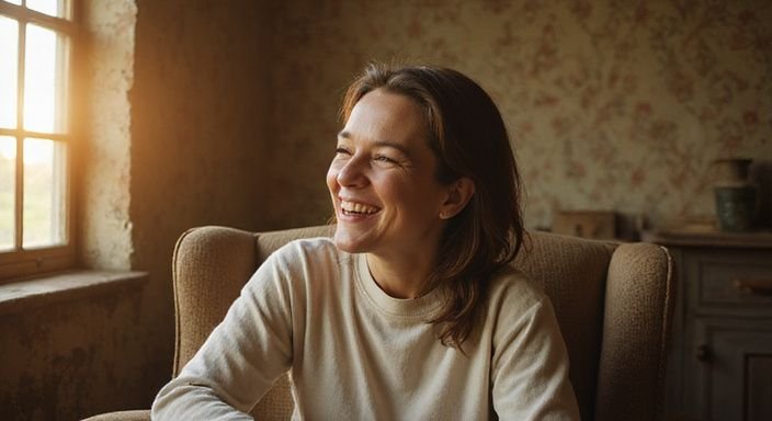 Een vrouw lacht op een versleten stoel in een huiselijke omgeving.