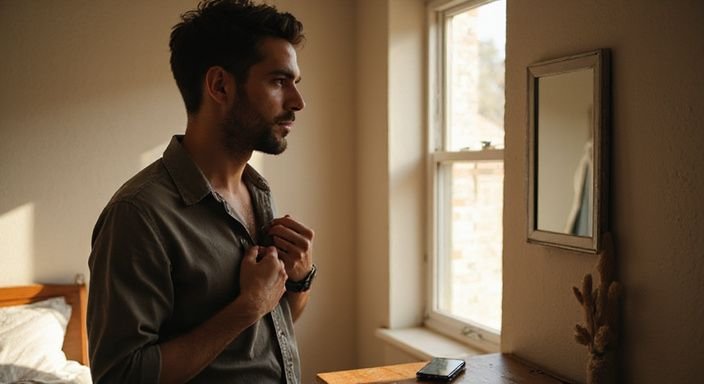 Een persoon in een slaapkamer is geconcentreerd naar hun spiegelreflectie aan het kijken.
