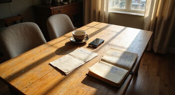 Een versleten tafel met persoonlijke voorwerpen die menselijke communicatie weerspiegelt.