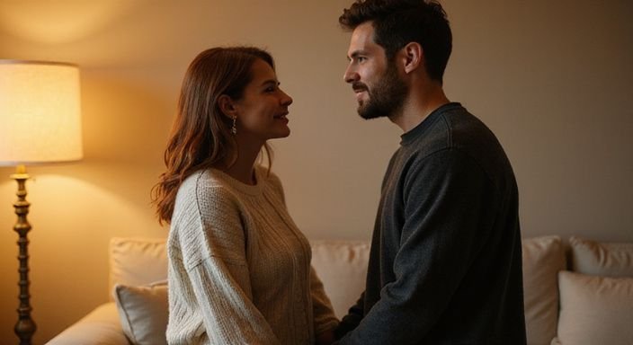 Een man en vrouw lachen samen in een sfeervol appartement
