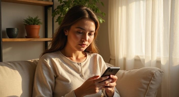 Een vrouw in haar dertiger jaren kijkt geconcentreerd naar haar telefoon.