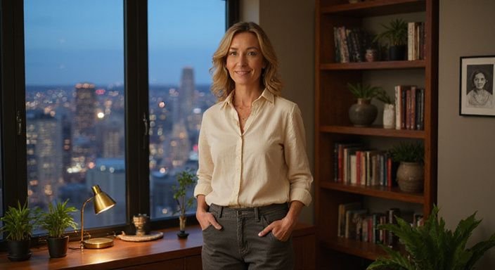 Een vrouw in haar vijftiger jaren staat ontspannen in een moderne woonkamer.