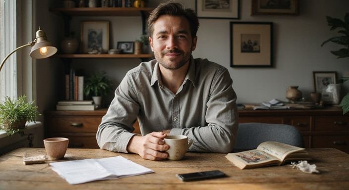 Een ontspannen persoon drinkt koffie aan een houten bureau en wil een milf versieren.