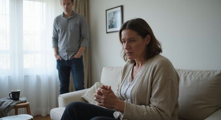 Twee mensen zitten dichtbij, maar hun lichaamstaal laat onuitgesproken spanning zien.