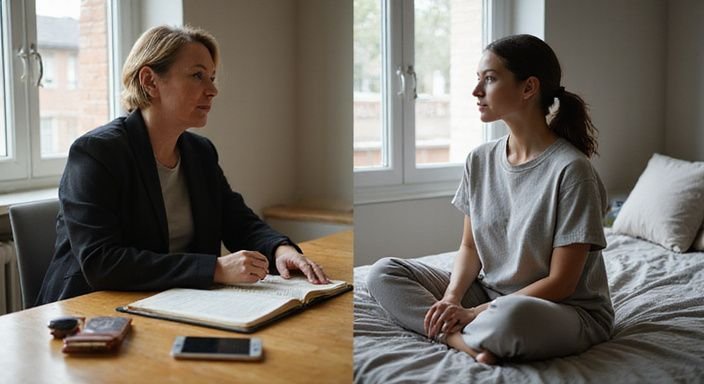 Twee vrouwen in verschillende levensfasen, geconcentreerd en ontspannen.