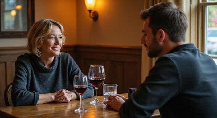 Een vrouw en man in een gezellige wijnbar met authentieke verbinding.