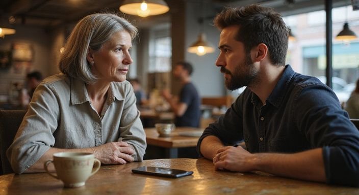 Een vrouw en een man delen een intense conversatie over een milf versieren in een café.