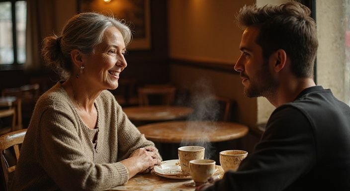 Twee personen delen een intiem gesprek over een milf versieren in een café.