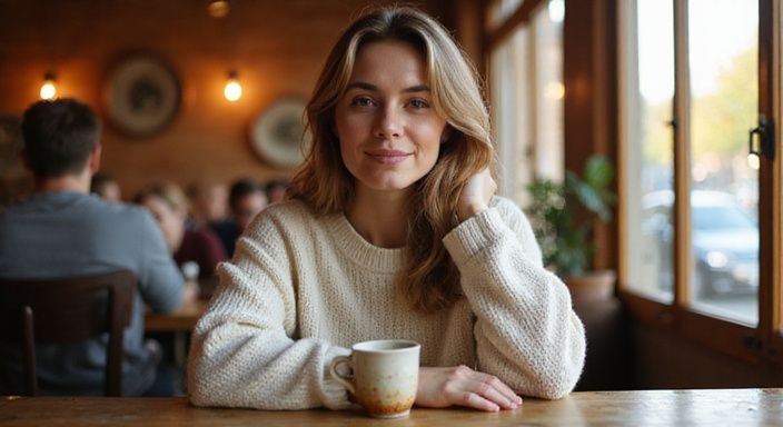 Een vrouw geniet van een rustige, gelukkige moment in een café.