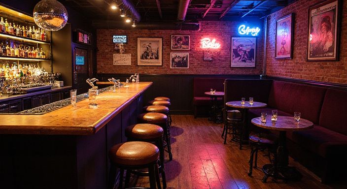 Een versleten nachtclub met een houten bar en vintage meubels.