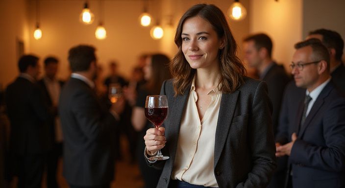 Een zelfverzekerde vrouw in een stijlvolle outfit op een netwerkevenement.