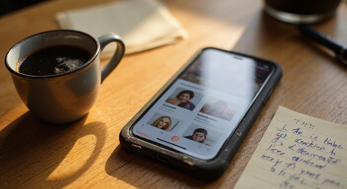 Een smartphone met Tinder-interface ligt op een houten bureau naast koffie.