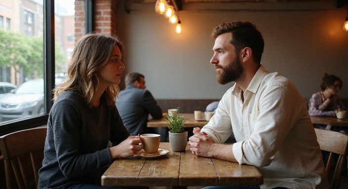 Een vrouw en een man voeren een diepgaand gesprek in een café.