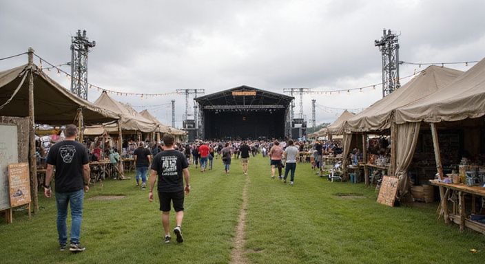 Een levendig festival met meerdere podia en diverse bezoekers.