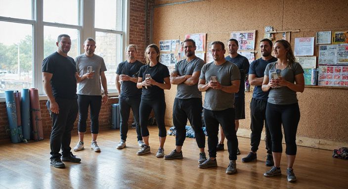 Een diverse groep volwassenen in actieve kleding in een fitnessstudio.