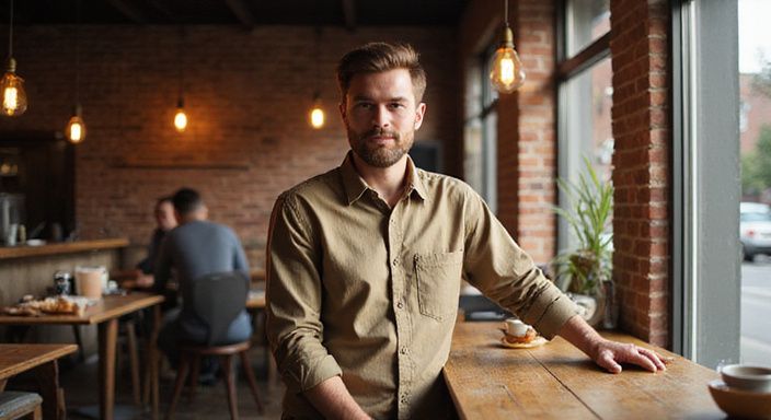 Een man in een koffiehuis geniet van een gesprek met de barista.