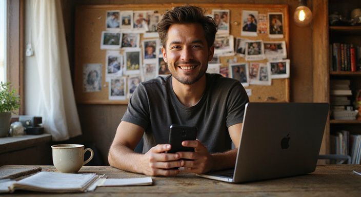Een man in zijn late twenties lacht terwijl hij zijn smartphone vasthoudt.