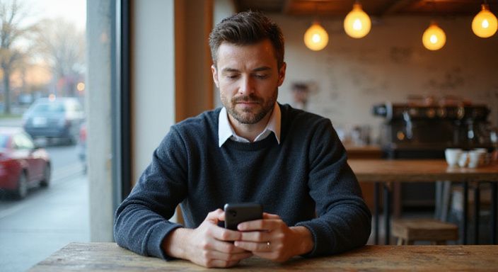 Een man in een café kijkt geconcentreerd naar zijn smartphone.