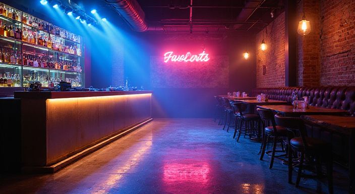 Een levendige nachtclub met dansvloer, bar en DJ-booth.