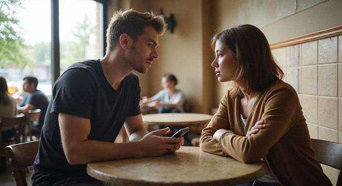 Een ongemakkelijke interactie tussen twee mensen in een café.