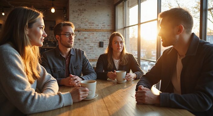 Een gemengde groep volwassenen in een café, betrokken in oprechte conversatie.