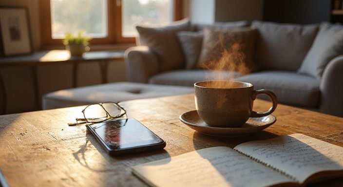 Een smartphone en leesbril op een verweerd houten bureau met notities.